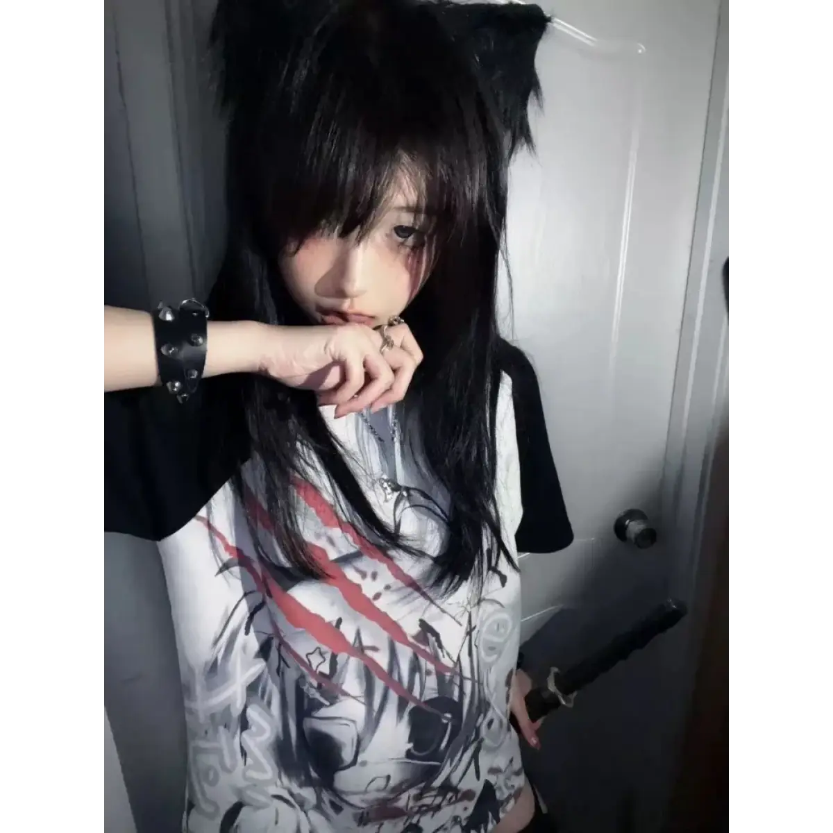 Black & White Gothic Anime T-Shirt – Harajuku Y2K Graphic Top From Kawaii Stop