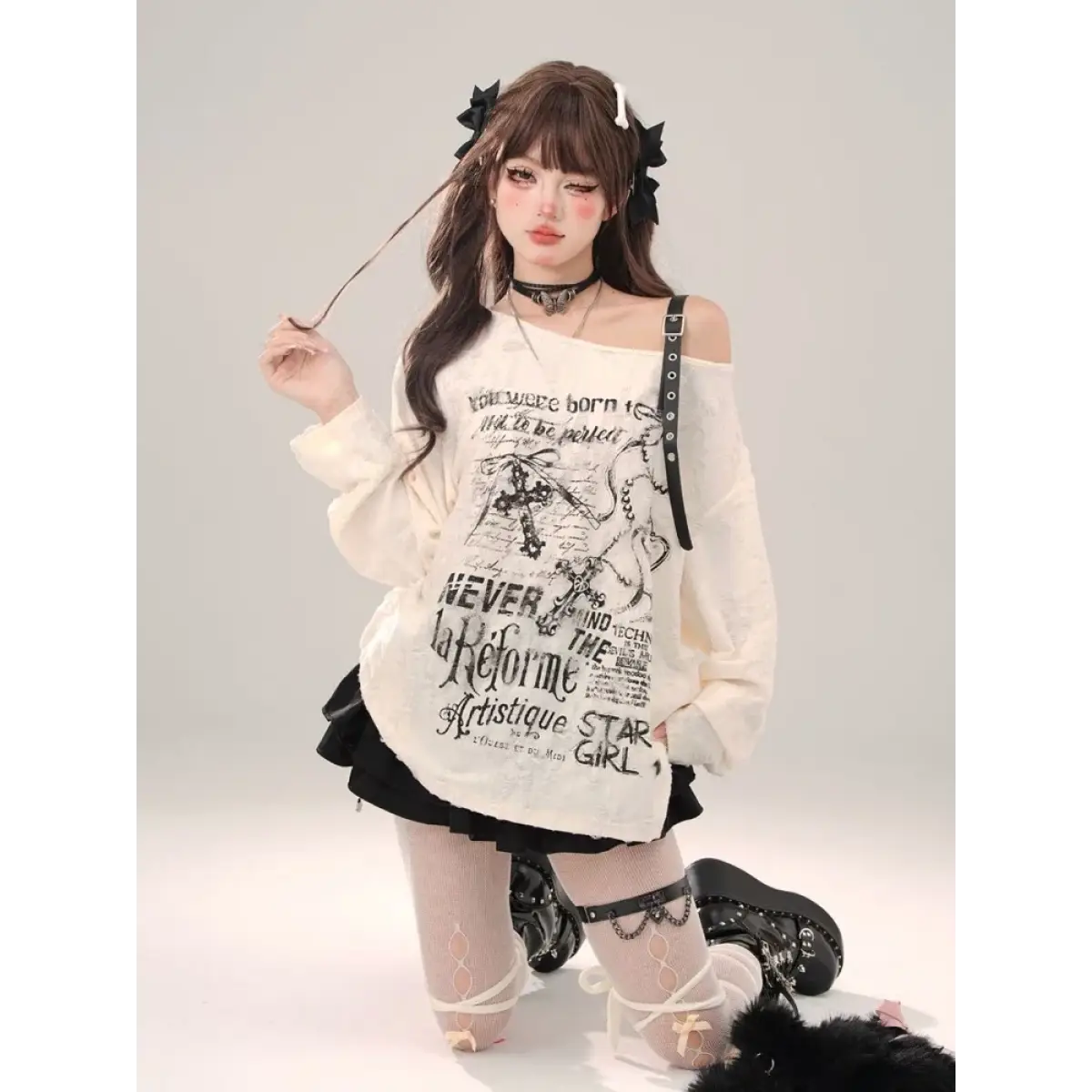 Off-Shoulder Gothic Grunge Tee – Harajuku Dark Aesthetic Top From Kawaii Stop
