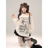 Off-Shoulder Gothic Grunge Tee – Harajuku Dark Aesthetic Top From Kawaii Stop
