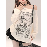 Off-Shoulder Gothic Grunge Tee – Harajuku Dark Aesthetic Top From Kawaii Stop