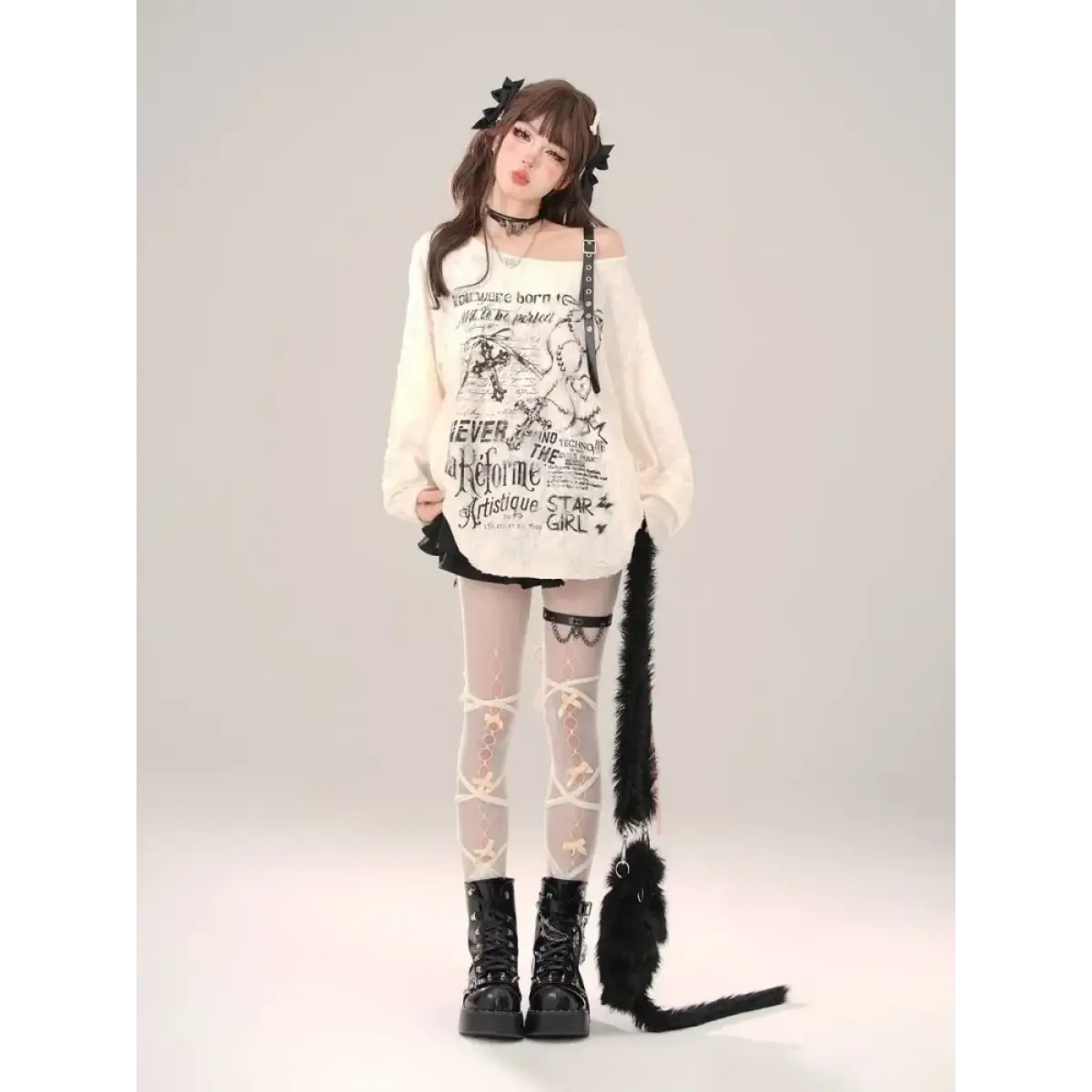 Off-Shoulder Gothic Grunge Tee – Harajuku Dark Aesthetic Top From Kawaii Stop