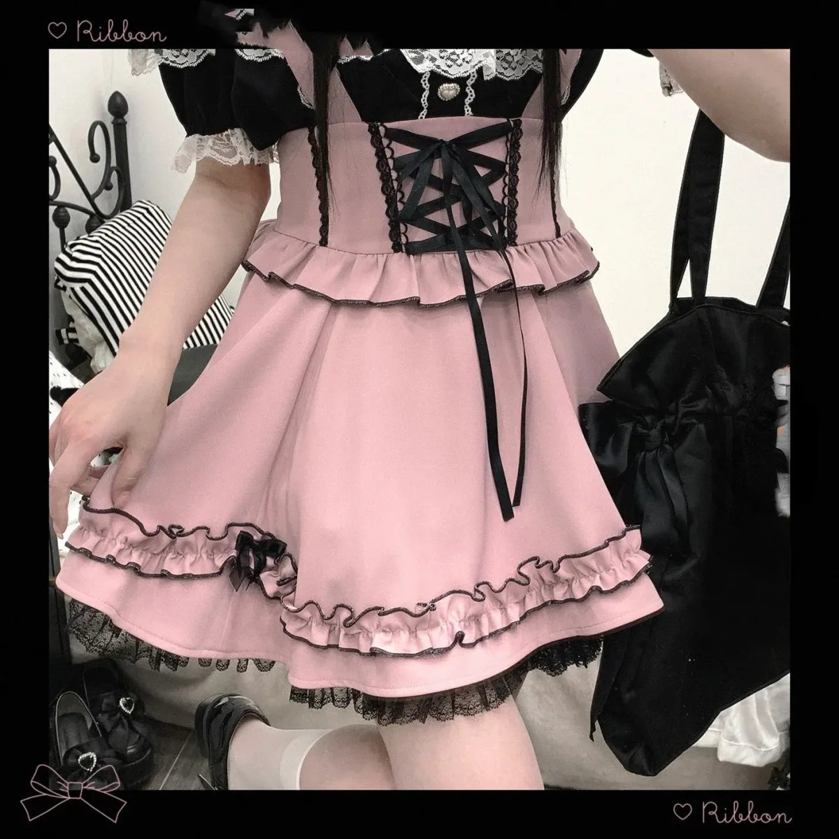 Gothic Lolita Suspender Skirt – Ruffle Lace Bow Mini Skirt from Kawaii Stop