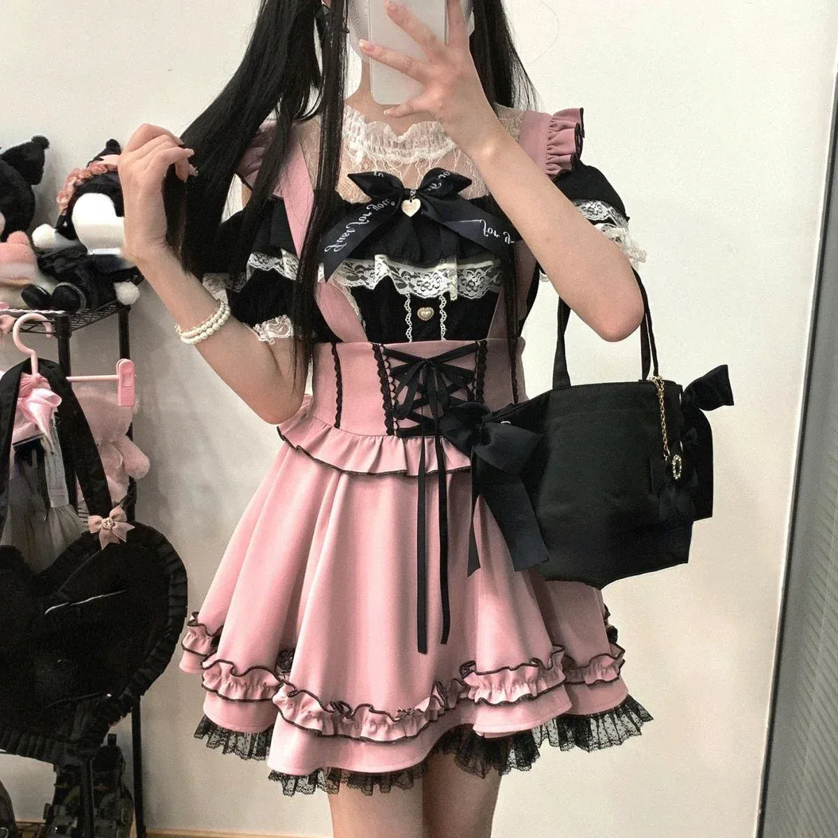 Gothic Lolita Suspender Skirt – Ruffle Lace Bow Mini Skirt from Kawaii Stop