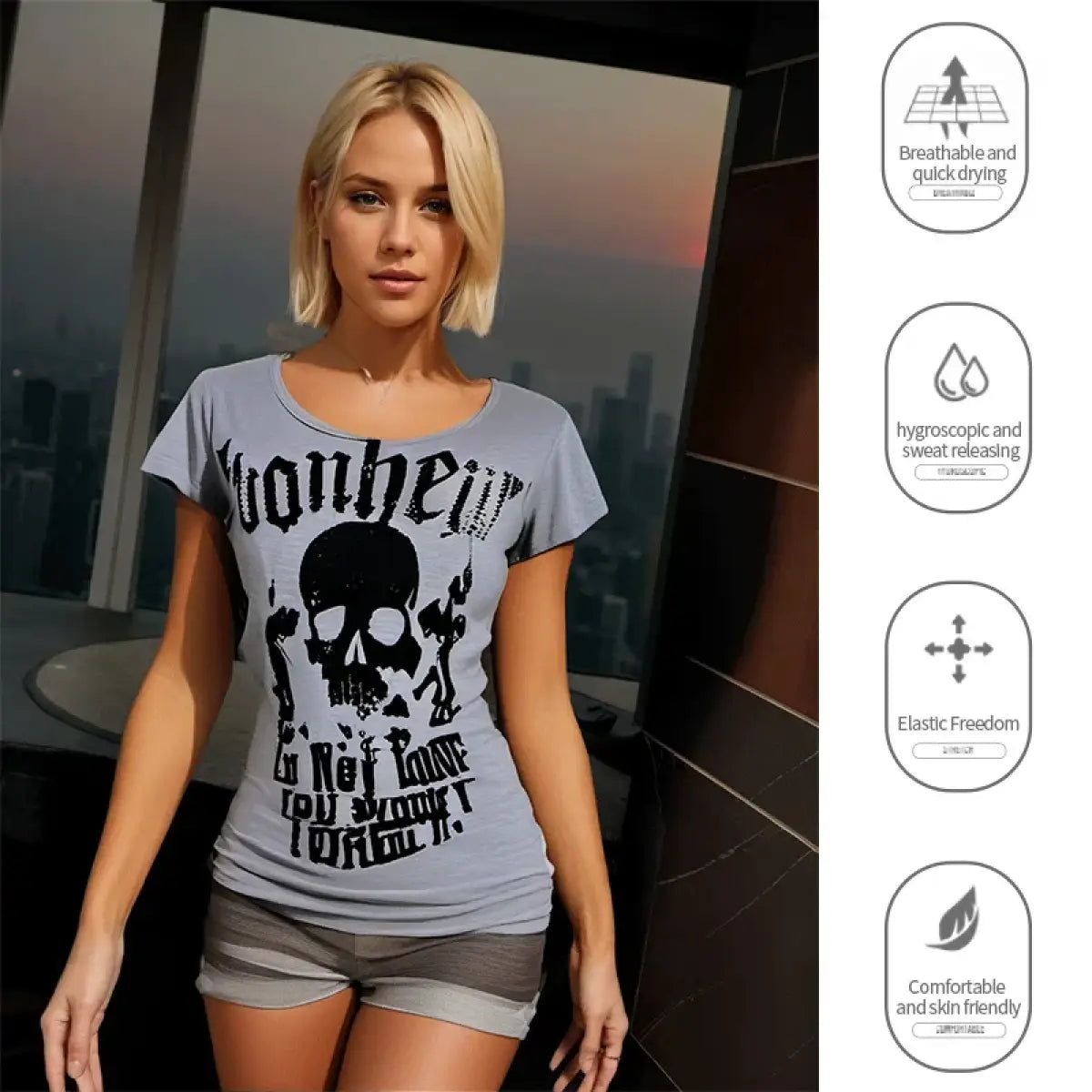 Gothic Punk Skull Print Tee – Y2K Vintage Slim Fit Top From Kawaii Stop