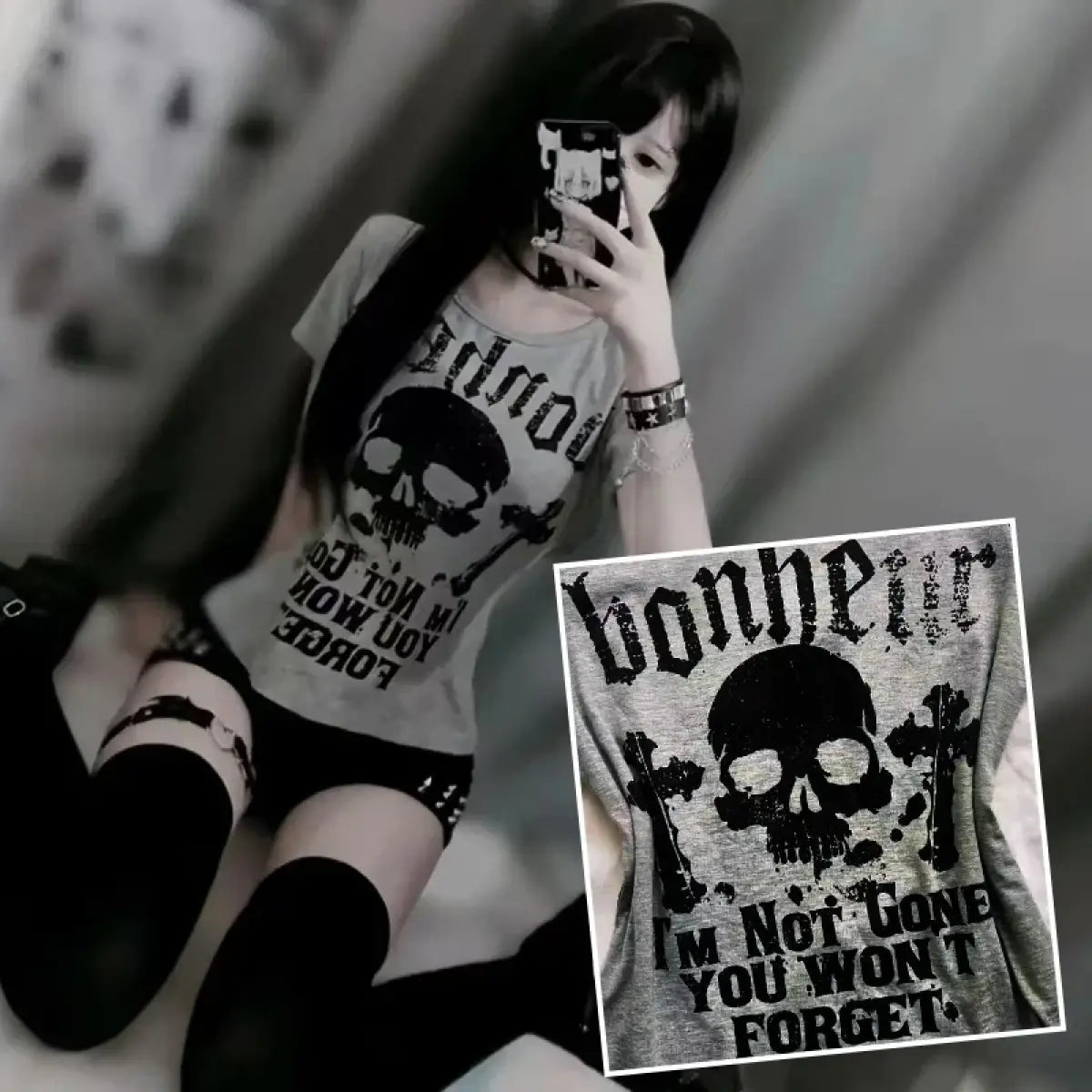 Gothic Punk Skull Print Tee – Y2K Vintage Slim Fit Top From Kawaii Stop