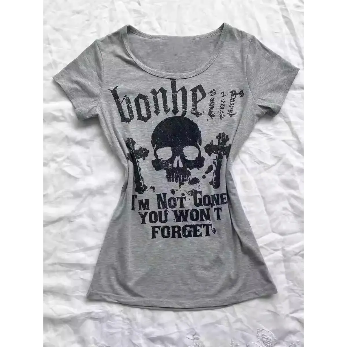Gothic Punk Skull Print Tee – Y2K Vintage Slim Fit Top From Kawaii Stop