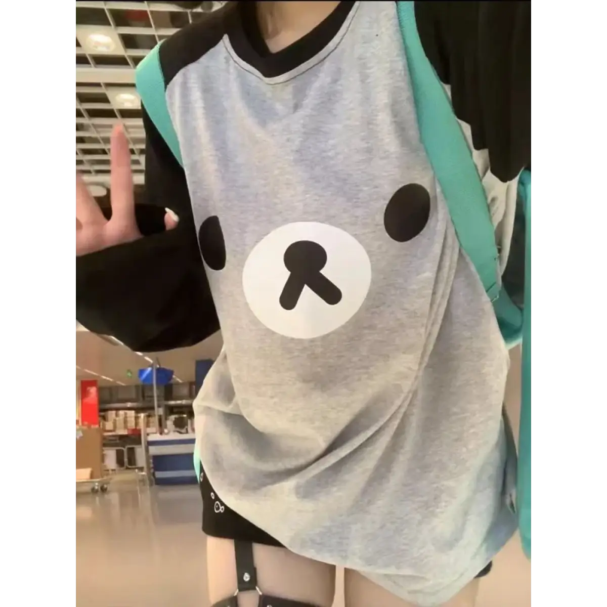 Gray Kawaii Bear Oversized T-Shirt – Harajuku Long Sleeve Top Y2K Style From Kawaii Stop