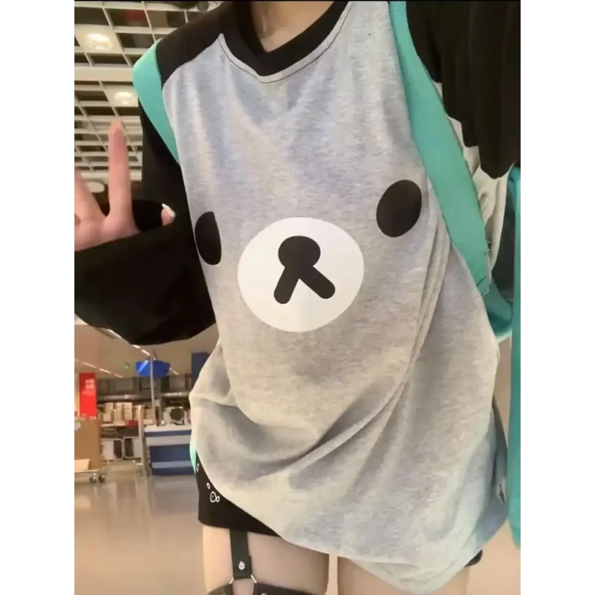 Gray Kawaii Bear Oversized T-Shirt – Harajuku Long Sleeve Top Y2K Style From Kawaii Stop