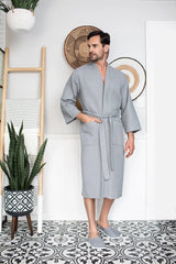 Waffle Kimono Spa Bathrobe for Men -  Absorbent, Lightweight From Lotus Linen