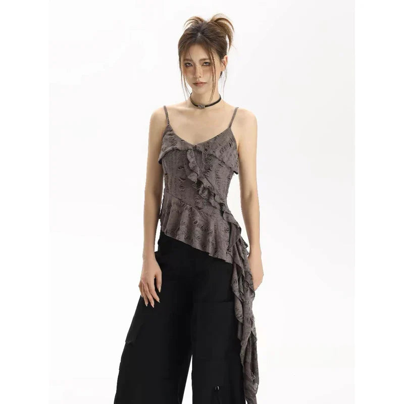 Asymmetrical Ruffle Tank Top – Grunge Y2K Punk Streetwear From Kawaii Stop