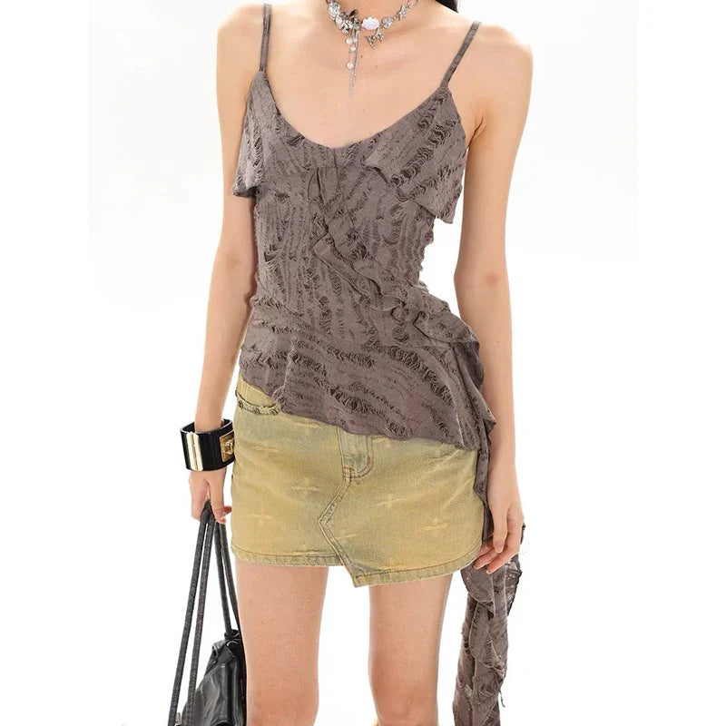 Asymmetrical Ruffle Tank Top – Grunge Y2K Punk Streetwear From Kawaii Stop