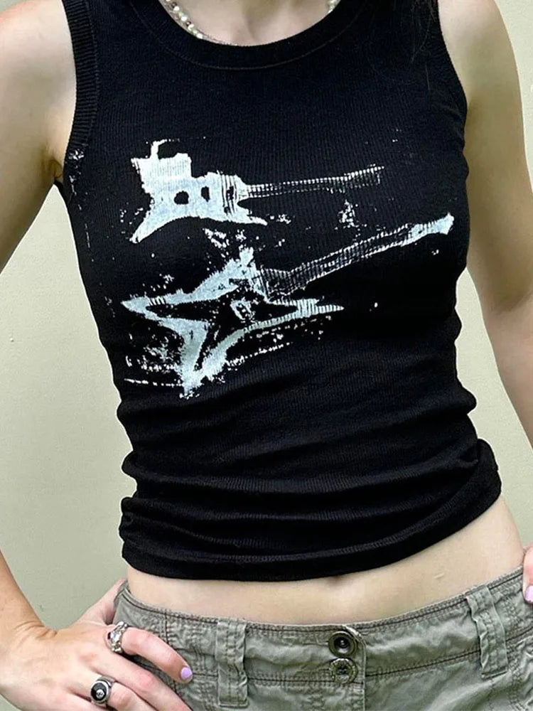 Guitar Print Tank Top - Ribbed Grunge Crop Top From Kawaii Stop