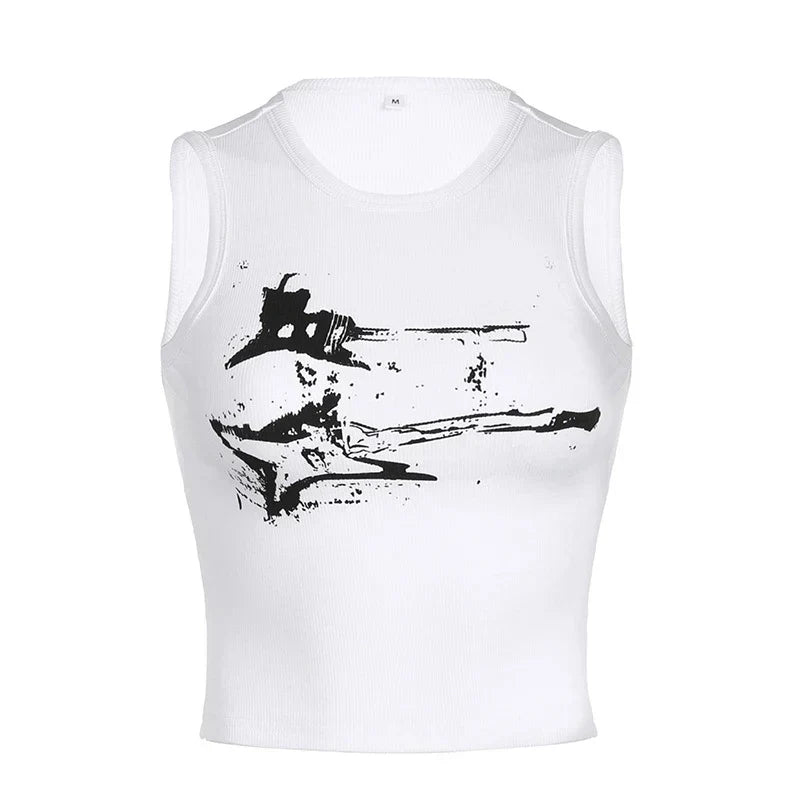 Guitar Print Tank Top - Ribbed Grunge Crop Top From Kawaii Stop