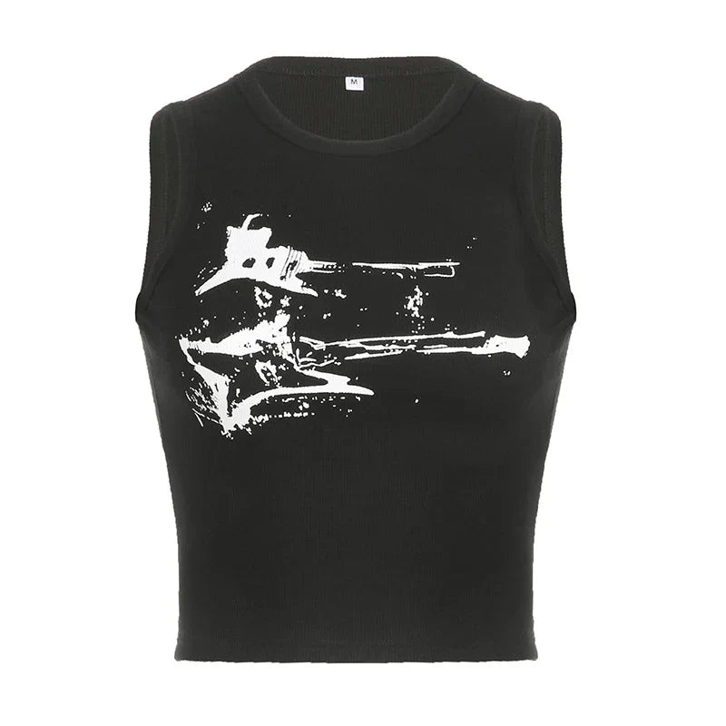 Guitar Print Tank Top - Ribbed Grunge Crop Top From Kawaii Stop