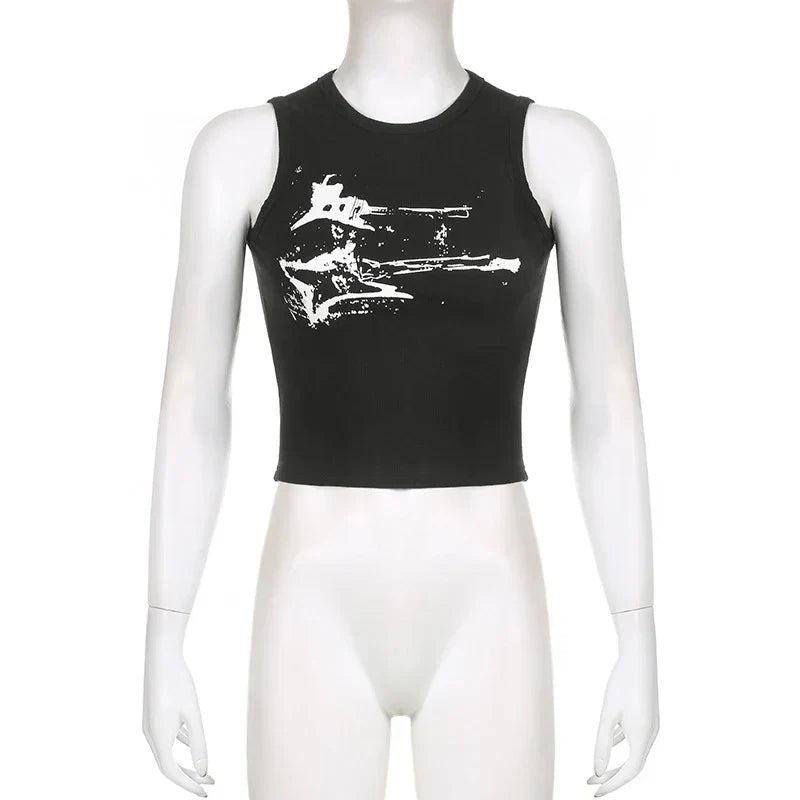 Guitar Print Tank Top - Ribbed Grunge Crop Top From Kawaii Stop