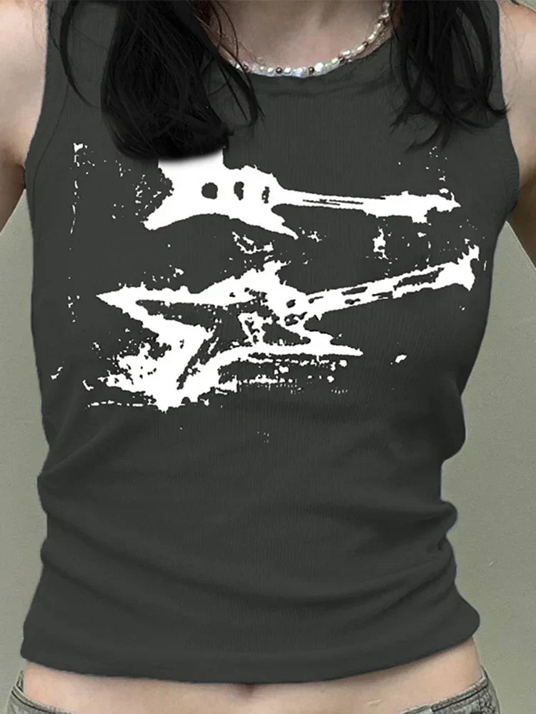 Guitar Print Tank Top - Ribbed Grunge Crop Top From Kawaii Stop