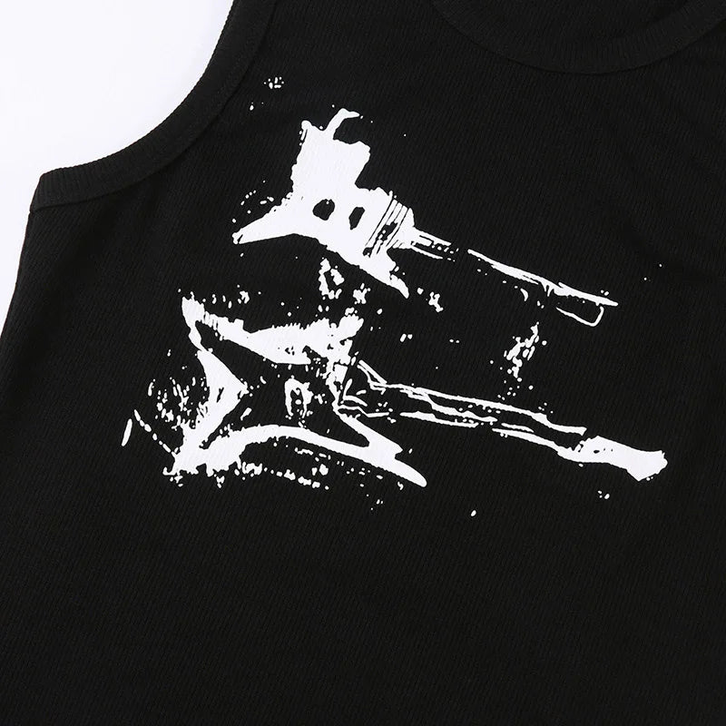 Guitar Print Tank Top - Ribbed Grunge Crop Top From Kawaii Stop
