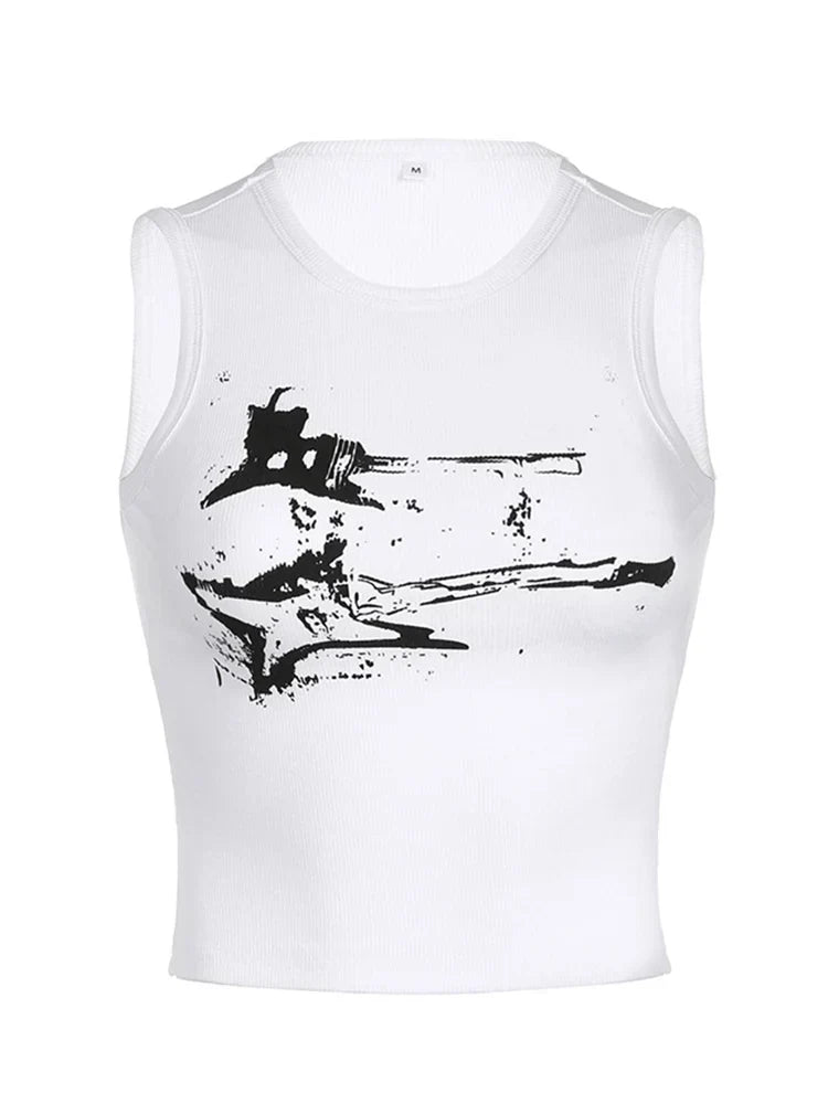 Guitar Print Tank Top - Ribbed Grunge Crop Top From Kawaii Stop