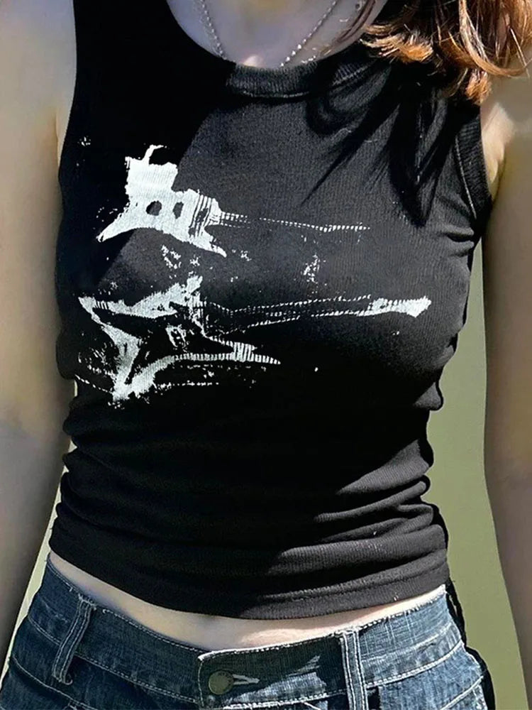 Guitar Print Tank Top - Ribbed Grunge Crop Top From Kawaii Stop