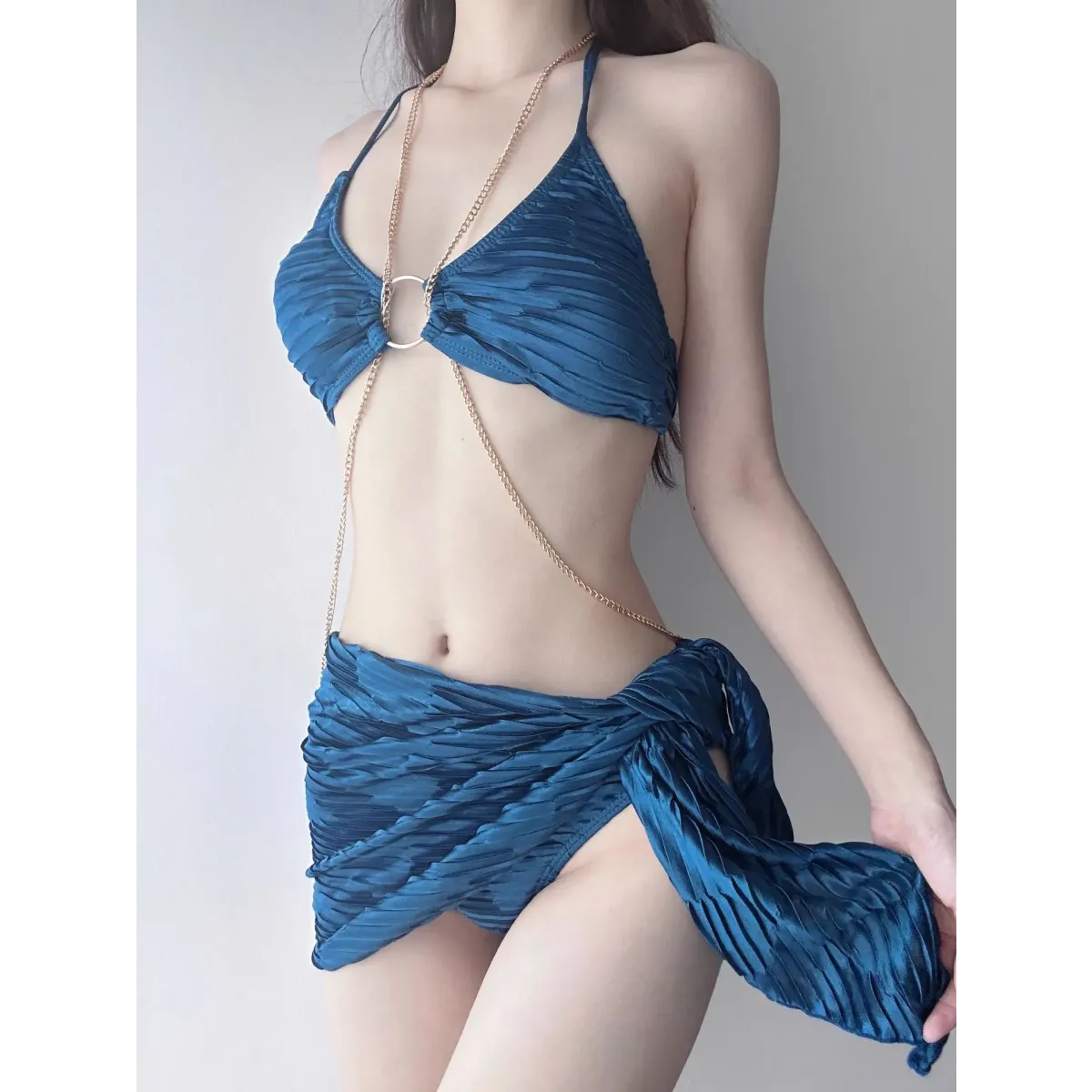 Black Chain Ring Halter Bikini Set – Korean Sexy Swimwear 3PCS Skirt from Kawaii Stop