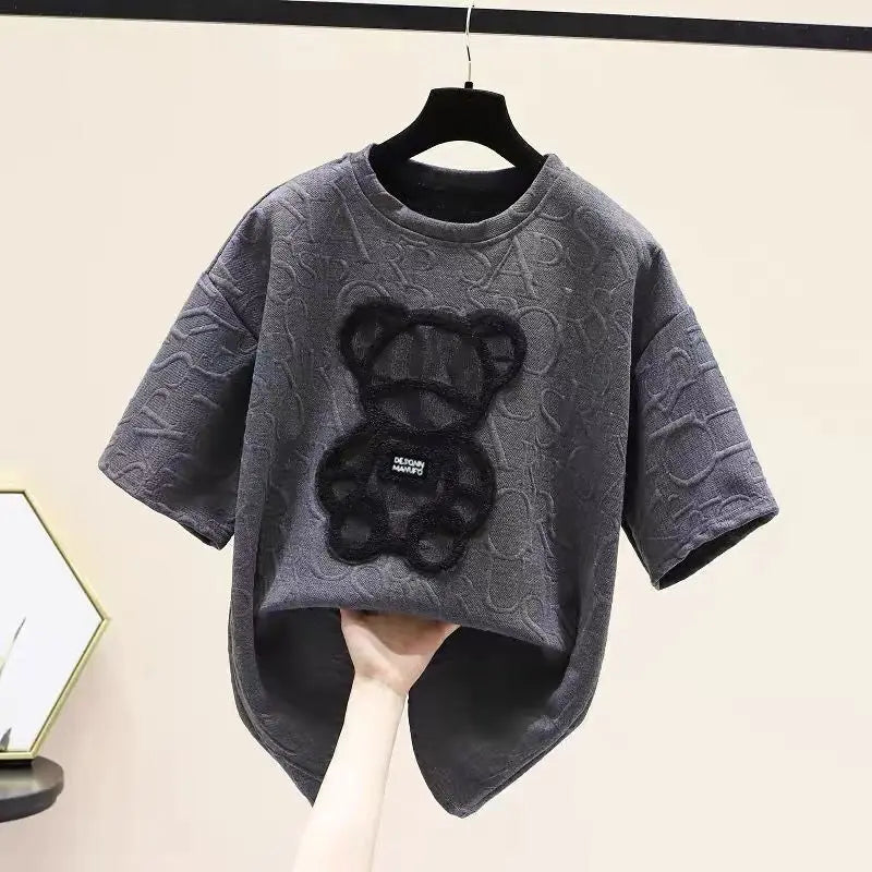 Harajuku Bear Jacquard T-shirt - Plus Size Loose Summer Tee From Kawaii Stop