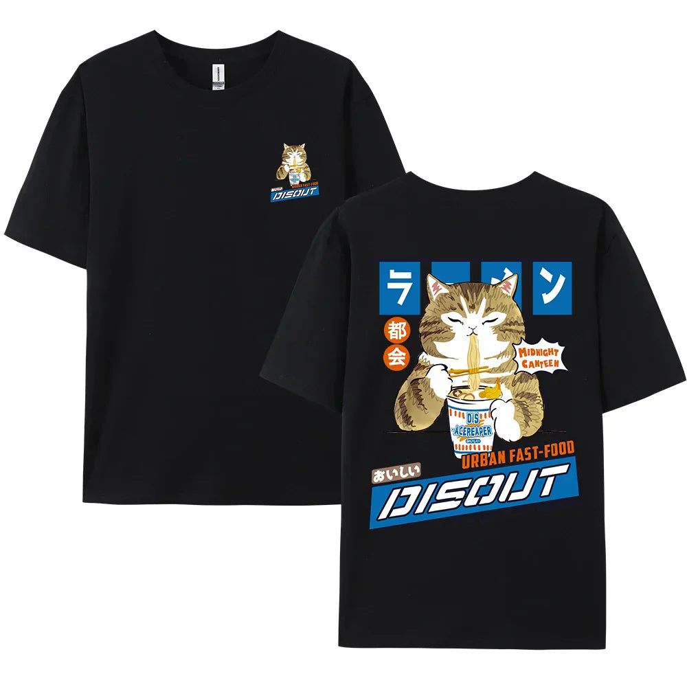Harajuku Cat Eating Noodles Graphic Tee From Kawaii Stop