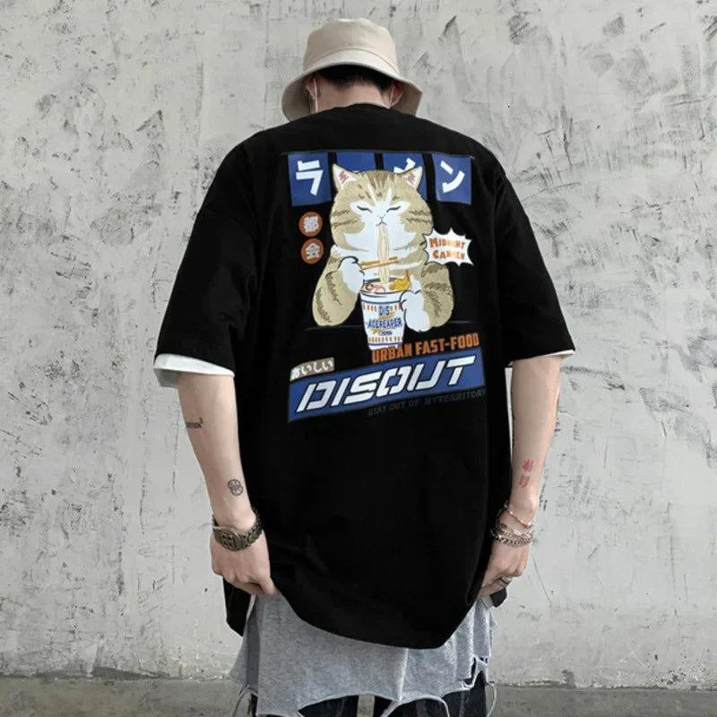 Harajuku Cat Eating Noodles Graphic Tee From Kawaii Stop