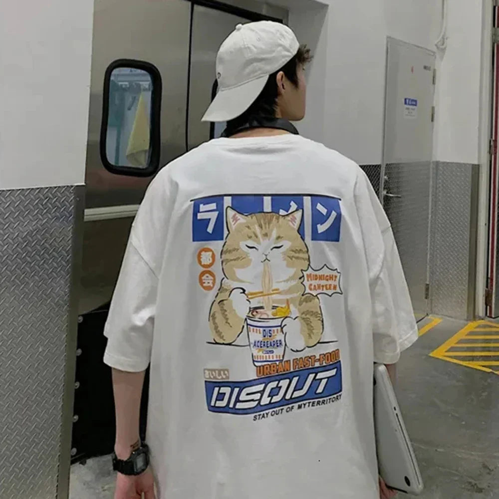 Harajuku Cat Eating Noodles Graphic Tee From Kawaii Stop
