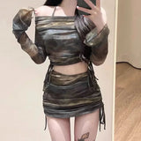 Dark Tie-Dye Off Shoulder Bikini Set – Harajuku Drawstring Mini Skirt from Kawaii Stop