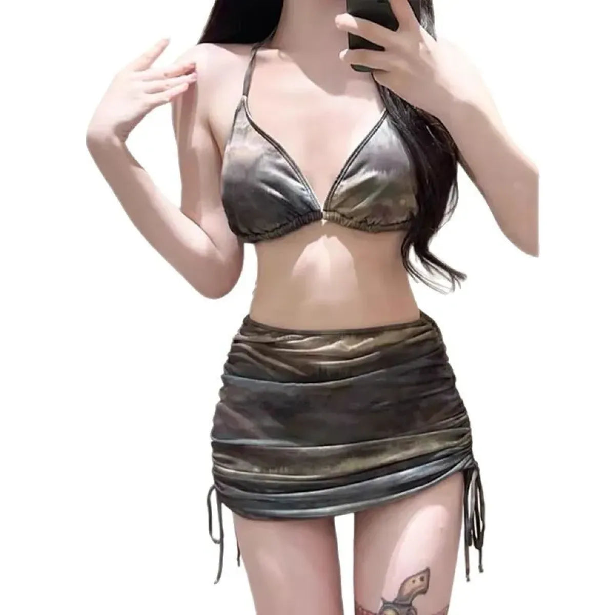 Dark Tie-Dye Off Shoulder Bikini Set – Harajuku Drawstring Mini Skirt from Kawaii Stop