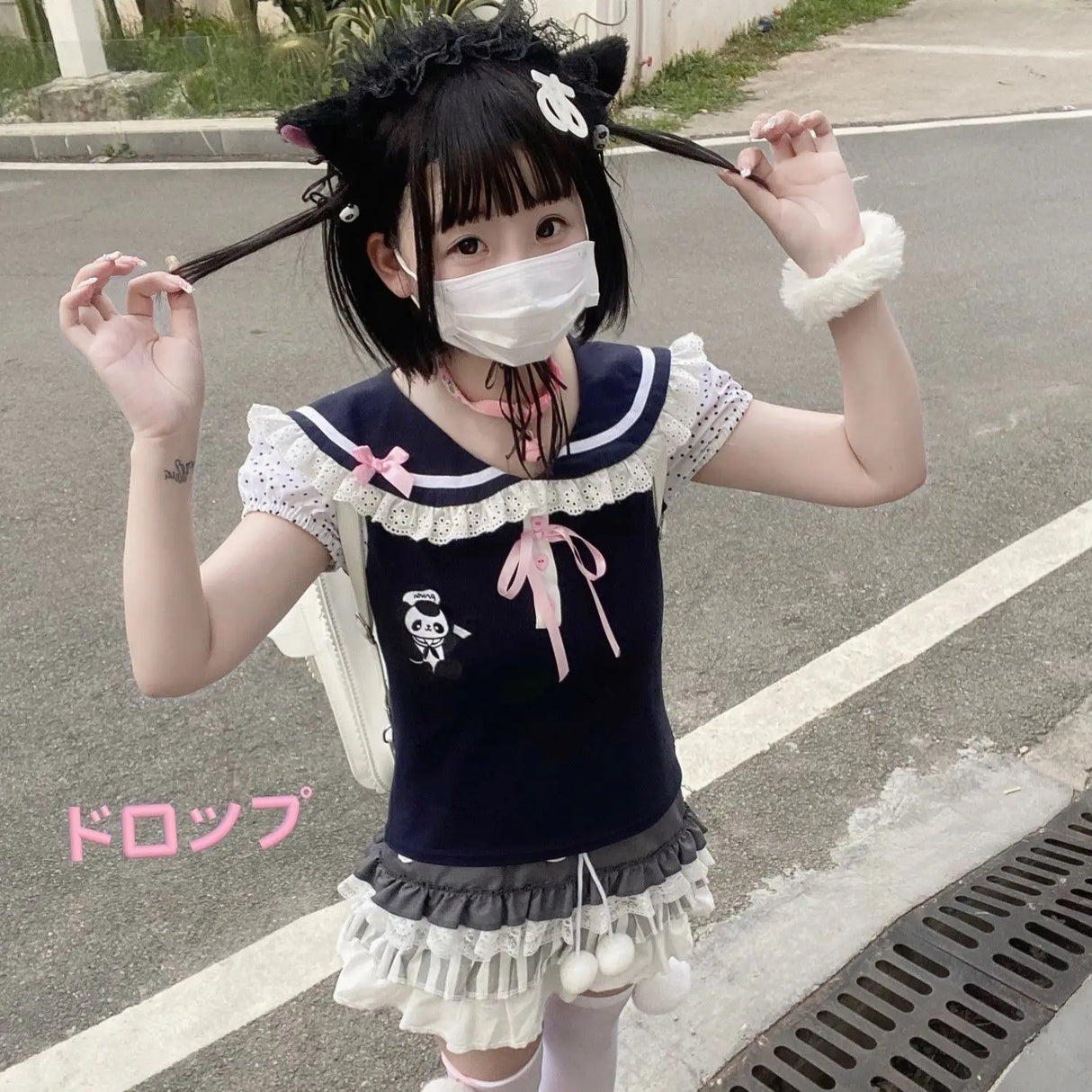Kawaii Panda Embroidered Sailor Top – Harajuku Y2K Lace Tee From Kawaii Stop