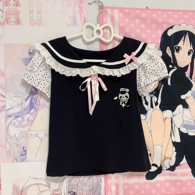 Kawaii Panda Embroidered Sailor Top – Harajuku Y2K Lace Tee From Kawaii Stop