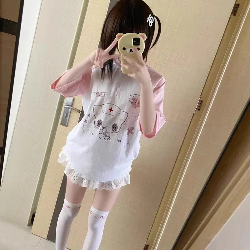 Kawaii Nurse Bear Oversized Tee – Harajuku Y2K Pastel Shirt From Kawaii Stop
