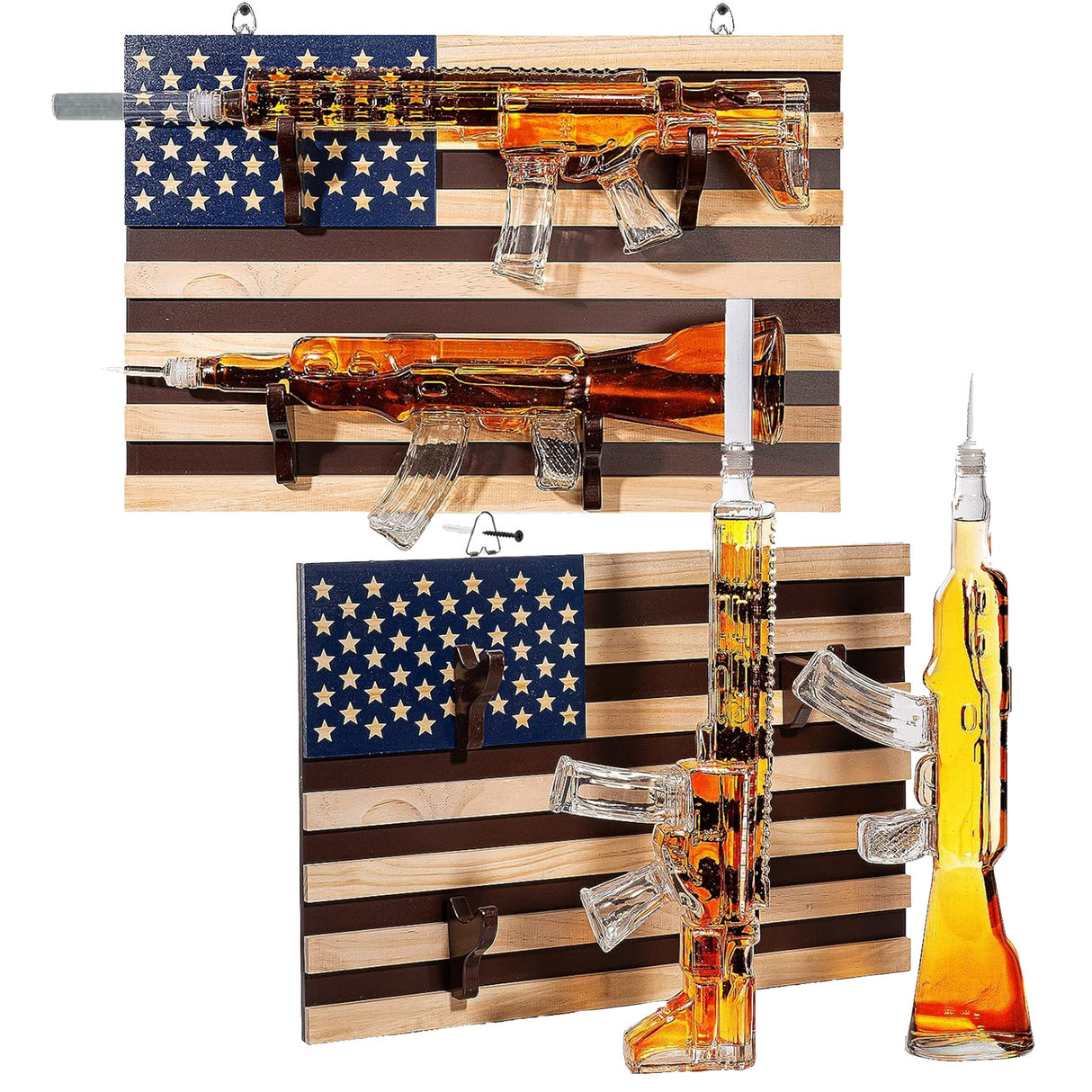 2 Gun Whiskey Decanters Set AR15 and AK47 Gun Decanter 1000ml American Flag Wall Rack by The Wine Savant - Veteran Gifts, Gun Lover Gifts, Tik Tok Gun Decanter, Military Gifts from The Wine Savant