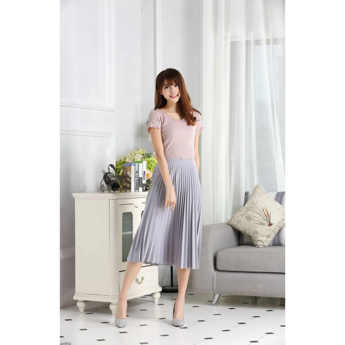 High Waist Pleated Length Elastic Skirt from Kawaii Stop