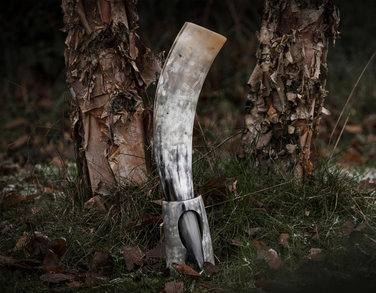 Curved Drinking Horn Bundle with Stand & Holster from Norse Tradesman