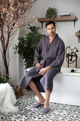 Waffle Kimono Spa Bathrobe for Men -  Absorbent, Lightweight From Lotus Linen