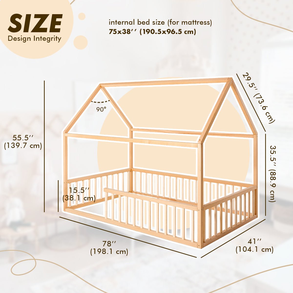 Twin Size Montessori House Bed for Kids with Fence from Goodevas