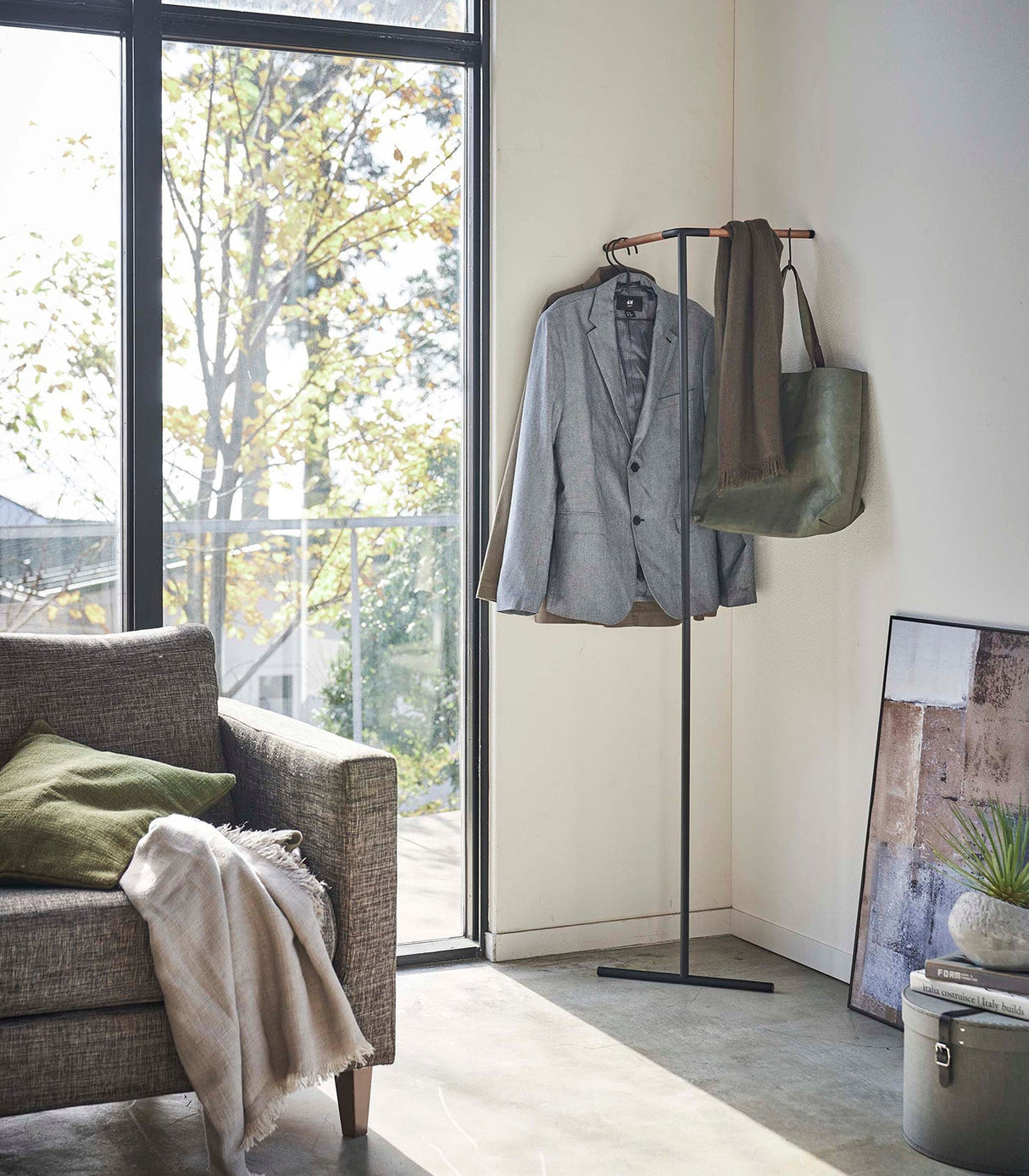 Corner Leaning Coat Hanger (63" H)  - Steel + Wood from Yamazaki Home