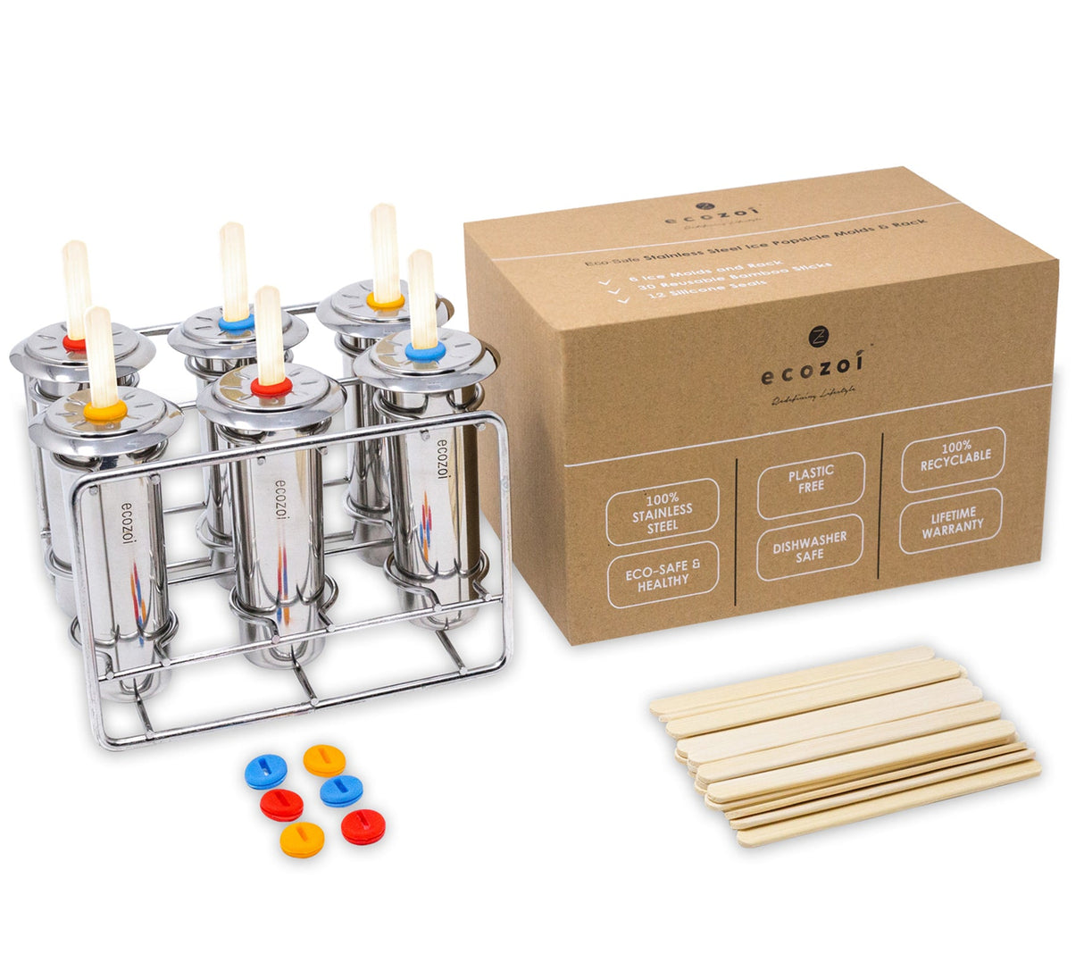 Stainless Steel Popsicle Molds, Round with Reusable Bamboo Sticks from ecozoi