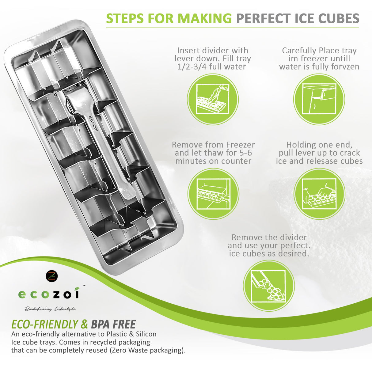 Stainless Steel Ice Cube Trays with Easy Release Handle, 2 Pack with Rack from ecozoi