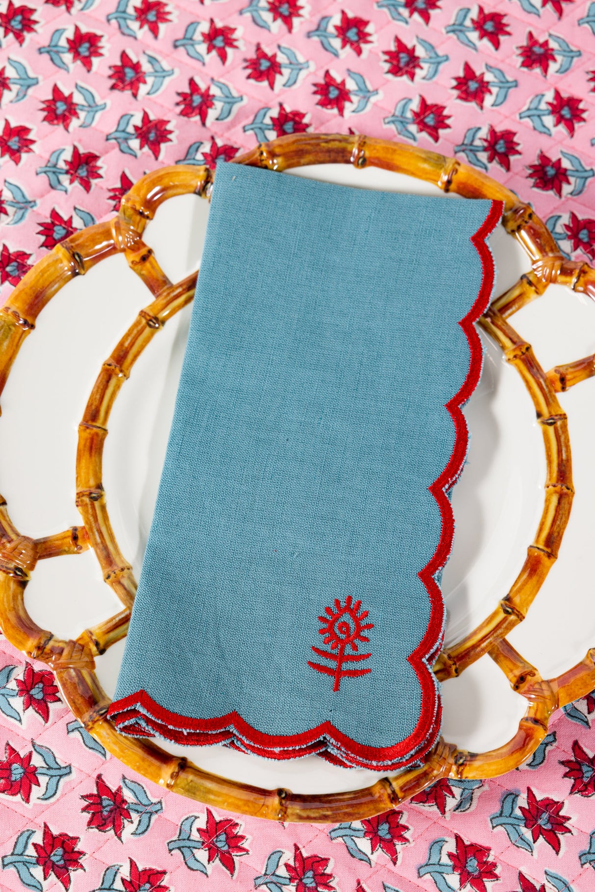 Icon Linen Napkins S/4 - Aqua + Cherry from Furbish Studio