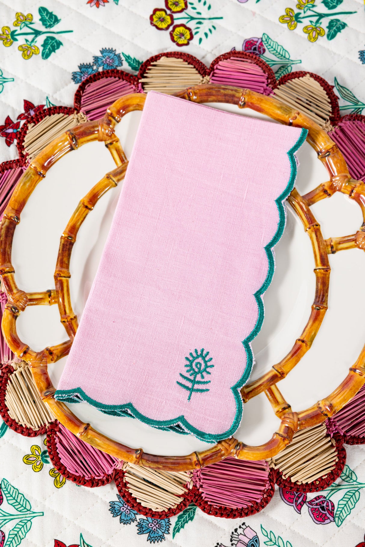 Icon Linen Napkins S/4 - Light Pink + Emerald from Furbish Studio