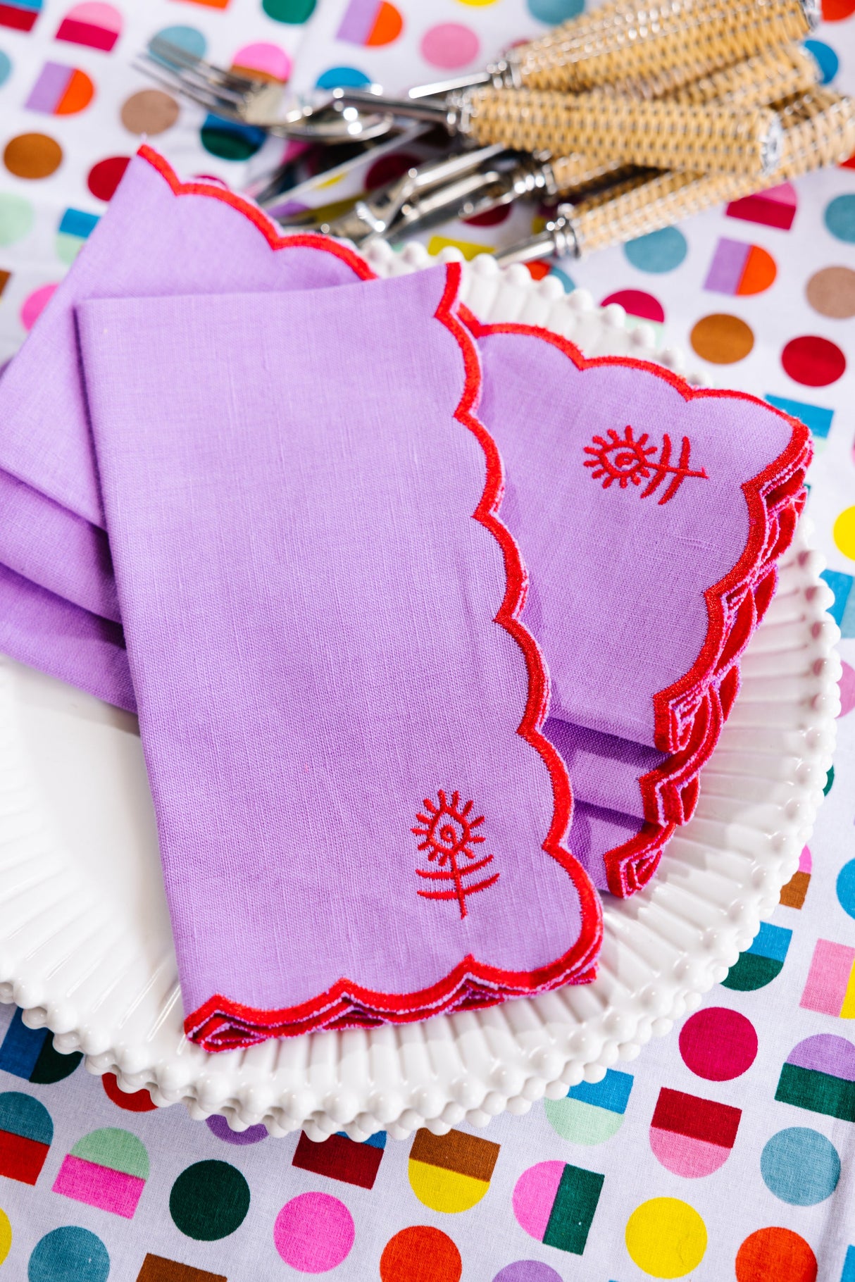 Icon Linen Napkins S/4 - Lilac + Cherry from Furbish Studio