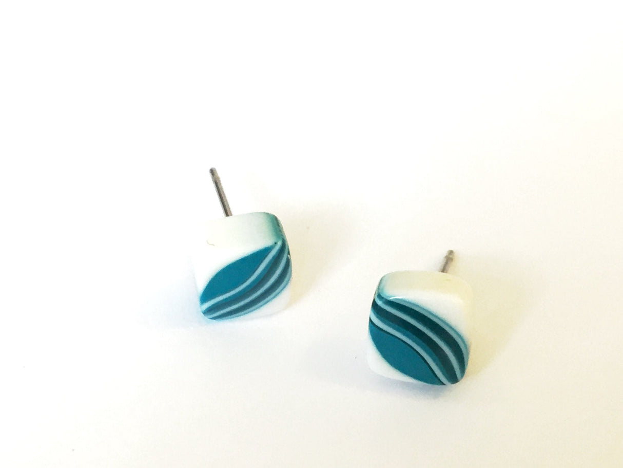 Aqua Blue & White Striped Square Cane Slice Stud Earrings from Leetie Lovendale