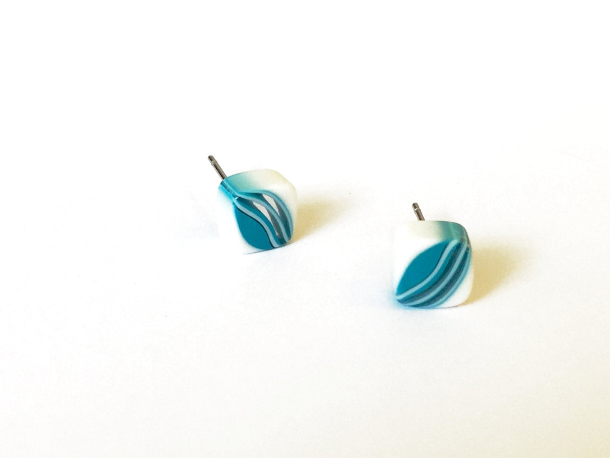 Aqua Blue & White Striped Square Cane Slice Stud Earrings from Leetie Lovendale
