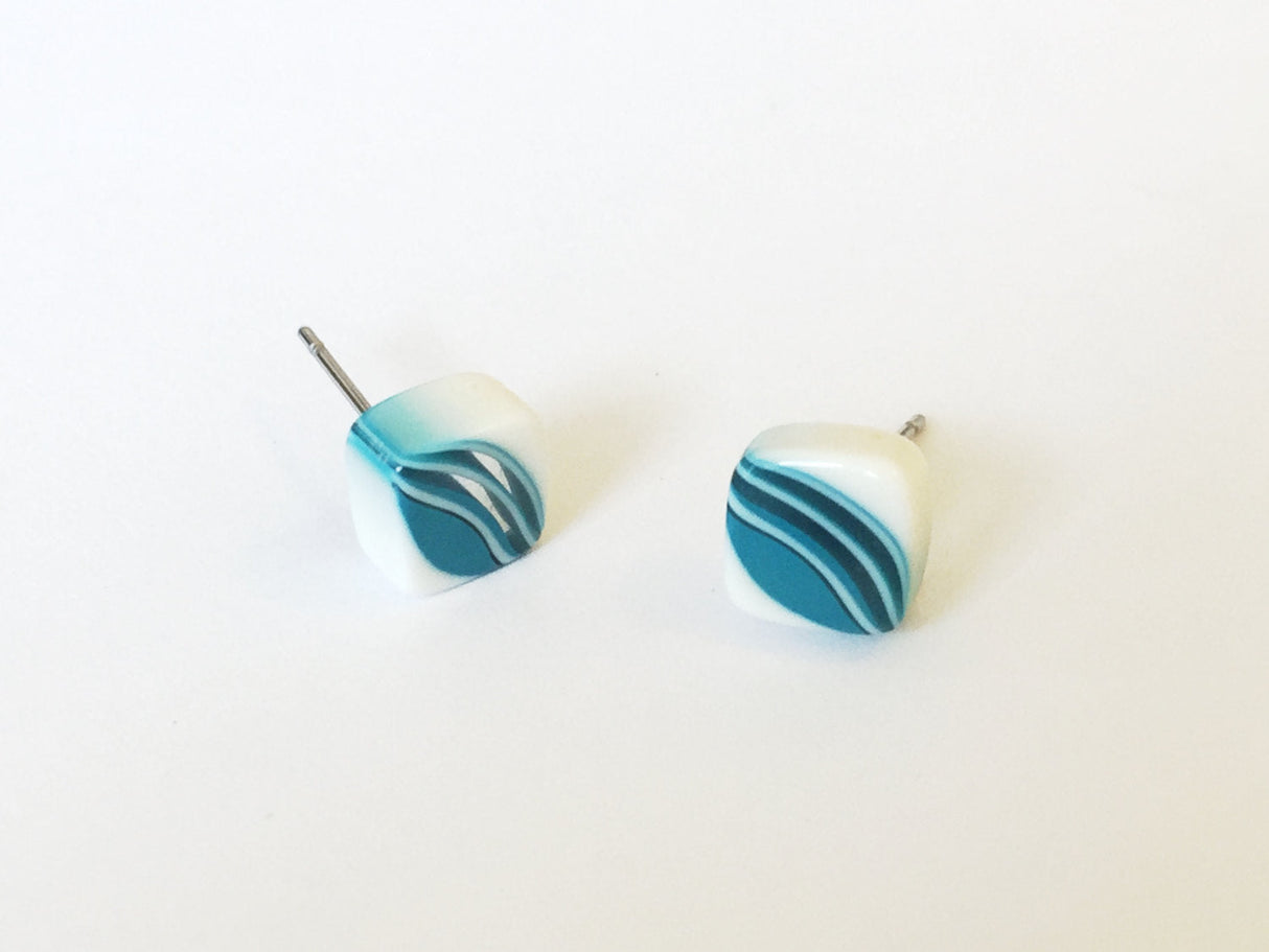 Aqua Blue & White Striped Square Cane Slice Stud Earrings from Leetie Lovendale