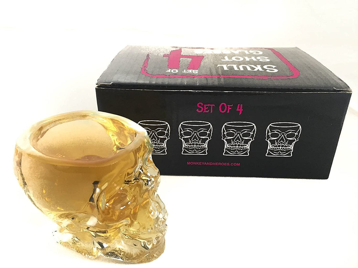 Monkey and Heroes Extra Large Skull Shot Glasses Set of 4, Use Skull Head Cup For A Whiskey, Scoth and Vodka Shot Glass, 3 Ounces from The Wine Savant