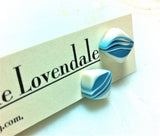 Aqua Blue & White Striped Square Cane Slice Stud Earrings from Leetie Lovendale
