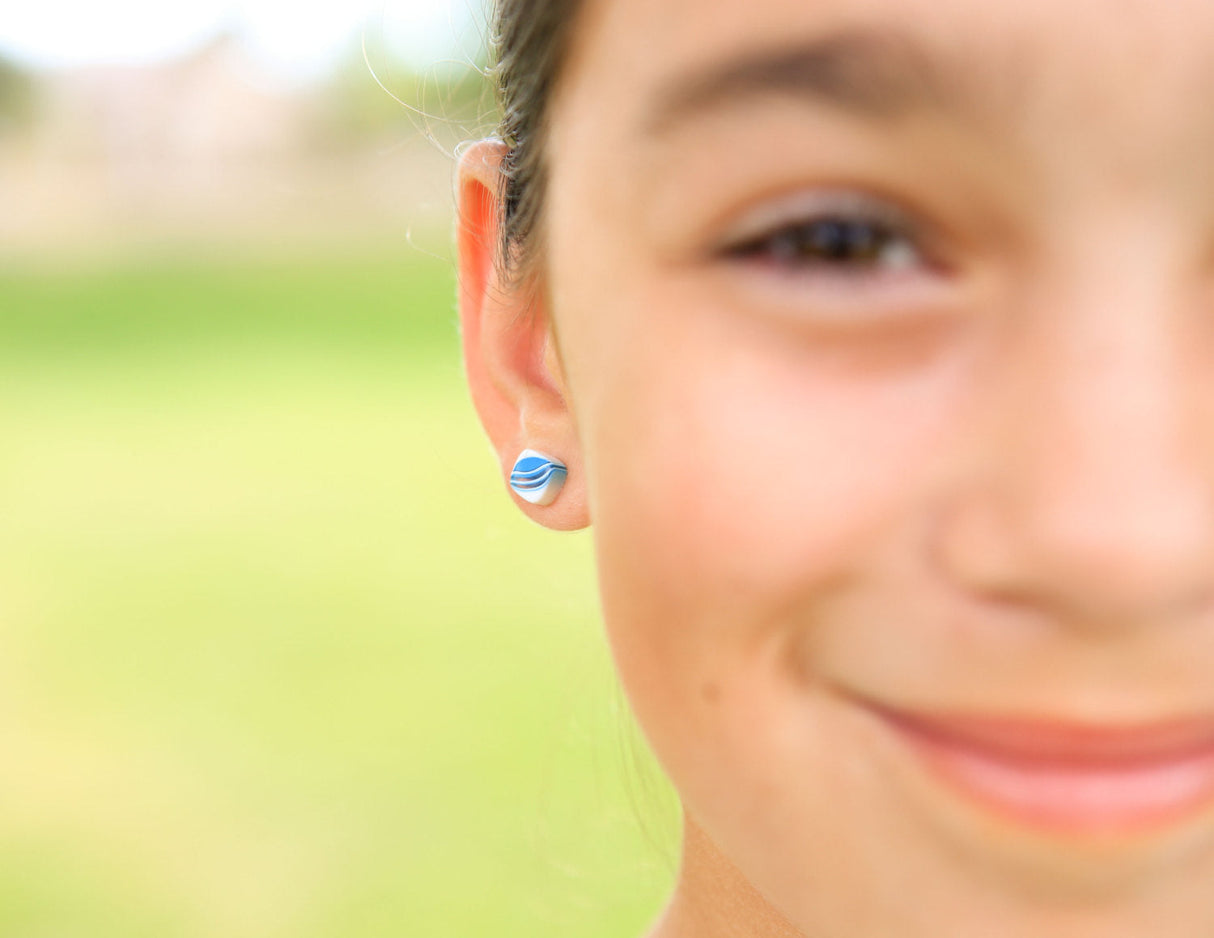 Aqua Blue & White Striped Square Cane Slice Stud Earrings from Leetie Lovendale